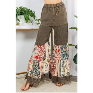 Boho Floral Print Mineral Wash Stretchy Waist Bell Bottom Pants